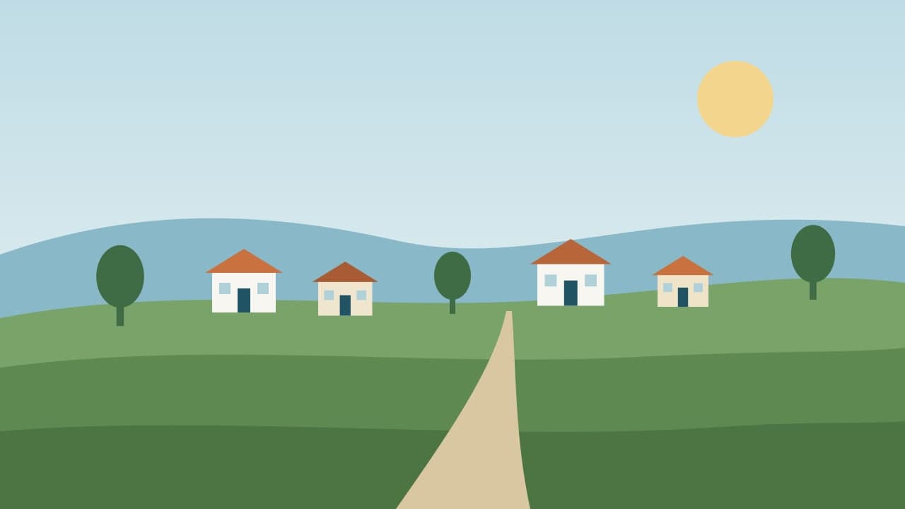 Ilustração de casas de uma comunidade rural entre morros e pastagens